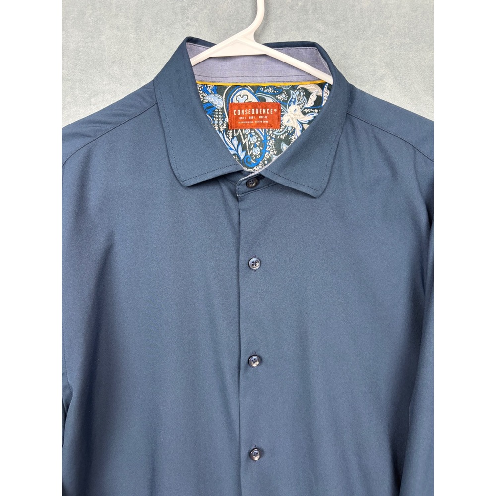 Consequence Mens Navy Blue Paisley Trim Long Sleeve Button Down Shirt Large - Picture 3 of 10